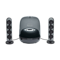 Harman Kardon  SoundSticks 4 - Noir-Les SoundSticks 4 Harman Kardon exposent leur design dans tout domicile contemporain. La conception révolutionnaire et la silhouette élégante du dôme transparent se fondent parfaitement dans votre décor. Les deux enceintes satellites et le caisson de basses sont dotés d’un superbe design avec une surface intérieure ondulée qui reète la beauté de la musique.