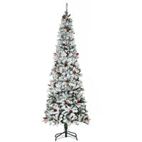 HOMCOM - Sapin de Noël artificiel 7 - 5' forme crayon enneigé - ouverture automatique-7.5 ft de haut, luxuriant avec une forme de pin, des pommes de pin et des baies rouges qui donnent un aspect sain et naturel 