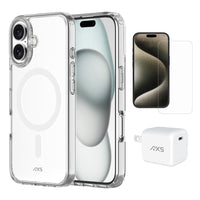 AXS - Ensemble de départ - étui ULTRA CLEAR transparent testé contre les chutes, protecteur d’écran et chargeur 30W pour iPhone 16 - Clear-Étui résistant aux chutes avec des poches d’air absorbant les chocs