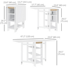 HOMCOM - Table à manger pliante à abattant avec étagères de rangement pour 4-6 personnes - blanc-Les charnières en alliage et les 2 roulettes assurent un soutien stable et un fonctionnement fluide