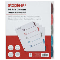 Staples - Intercalaires pré-imprimés - 1-5 - Couleurs tendance-Les intercalaires sont numérotés de 1 à 5 pour une meilleure organisation des documents
