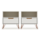 Manhattan Comfort - Rockefeller Table de Nuit 1 Tiroir Style Mid-Century Modern 51 cm - Blanc Cassé et Naturel - Lot de 2-Table de chevet 2 pièces style milieu du siècle pour chambre et salon