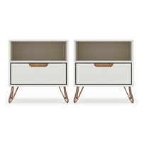 Manhattan Comfort - Rockefeller Table de Nuit 1 Tiroir Style Mid-Century Modern 51 cm - Blanc Cassé et Naturel - Lot de 2-Table de chevet 2 pièces style milieu du siècle pour chambre et salon