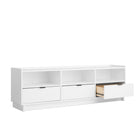 Prepac - Meuble de rangement pour téléviseur Simply Modern 70,25 po avec 3 tablettes et 3 tiroirs - Blanc-L'armoire De Rangement Multimédia Offre Une Organisation Pour Tous Vos Besoins De Divertissement: 3 compartiments ouverts offrent de l'espace pour les lecteurs DVD ou blu-ray tout en laissant de la place pour la gestion des câbles, chaque étagère peut supporter jusqu'à 10 lb et le dessus de l'armoire peut supporter jusqu'à 100 lb