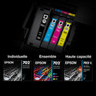 Epson - Cartouches d'encre 702 - Capacité standard - Noir/Couleur CMJ-Le système d’impression Epson est particulièrement conçu pour être utilisé avec les encres d’origine Epson. L’utilisation d’encres non authentiques peut entraîner des dommages qui ne sont pas couverts par la garantie limitée de l’imprimante