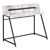 Monarch Specialties - 7549 Bureau 48 po L - Faux Marbre Blanc/Metal Noir-Bureau d'ordinateur au fini faux marbre blanc avec une petite huche avec 1 longue tablette au fini noir