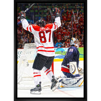 Sidney Crosby, toile, Équipe Canada, but de la médaille d’or-Imprimé sur une toile, puis tendu et agrafé à un cadre en bois d’une profondeur de 3/4 po