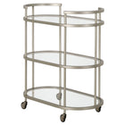 Hudson&Canal - Chariot de bar ovale Leif 30 po de largeur - Nickel satiné-Le plateau de la table et les étagères sont en verre trempé durable