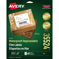 Avery - 35524 Étiquettes imperméables, 3⅓" x 4", adhésif permanent, pour imprimantes laser, blanc, Paquet de 60-Peuvent être immergées dans l’eau sans tomber en morceaux
