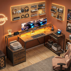 HOMCOM - Bureau de gaming réversible 76 po avec lumières RVB et ports USB - brun rustique-Porte-dossiers réglables pour organiser des documents A4, lettre et légal