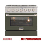 Kucht - 36 po Série KDF Cuisinière Pro Style au gaz naturel - Acier inoxydable/Vert olive-La cuisinière à gaz à 6 brûleurs comprend un brûleur double de 20 000 BTU avec mode mijotage, un brûleur de 15 000 BTU, un brûleur de 12 000 BTU, deux brûleurs de 9 000 BTU et un brûleur de 6 000 BTU