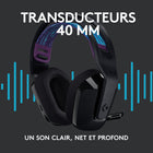 Logitech G535 LIGHTSPEED Casque gaming sans fil - Noir-Contenu du coffret: Casque gaming G535, Bandeau doux réversible (intégré), Récepteur, USB LIGHTSPEED, Câble de charge USB-C, Documentation utilisateur