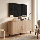 HOMCOM - Buffet mi-siècle cannelé 55 po avec portes coulissantes tambour - bois naturel-Le design multifonctionnel sert de meuble TV, de buffet de salon ou de console d’entrée