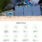 Yoshino - Générateur solaire portable à semi-conducteurs 660 W avec panneau solaire portable 100 W-SOLAIRE SANS LIMITE - Les panneaux solaires portables Yoshino sont dotés d'une technologie solaire leader sur le marché, de cellules solaires en silicium monocristallin avec un indice d'efficacité de 23 % permettant une conversion encore plus importante de l'énergie solaire. Ces panneaux sont également extensibles, vous pouvez acheter plusieurs panneaux et les relier entre eux pour augmenter la capacité énergé