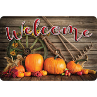 Ashley Productions - The Original Fun Mat - Tapis de Bienvenue - 15 -5" x 23 -5" - Râteau à Roue de Récolte Bienvenue-Mesure et design : Le paillasson Harvest Wheel Rake mesure 15,5 po x 23,5 po.