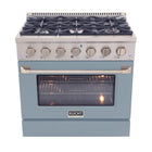 Kucht - 36 po Série KNG Cuisinière Pro Style au gaz naturel - Acier inoxydable/Bleu pâle-Cuisinière à gaz 6 brûleurs incluant un brûleur double de 20 000 BTU TrueSimmer, un brûleur de 15 000 BTU, un brûleur de 12 000 BTU, deux brûleurs de 9 000 BTU et un brûleur de 6 000 BTU pour un mijotage délicat