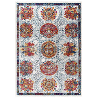 Modway - Entourage Treillis marocain floraux vieillis Kensie Tapis de comédie 8 pi l x 10 pi L - Ivoire Bleu Rouge Orange Jaune-Tapis floral marocain vieilli usé