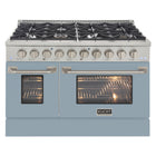 Kucht - 48 po Série KNG Cuisinière Pro Style au gaz propane - Acier inoxydable/Bleu pâle-Cuisinez et pâtissez comme un professionnel grâce à deux fours séparés dotés de larges vitres. Le four principal est un four robuste en porcelaine bleue d’une capacité de 4,2 pi³, tandis que le four latéral supplémentaire offre une capacité de 2,5 pi³