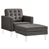 Modway - Loft Touffe Cuir végane Fauteuil et ensemble ottoman - Gris argenté-Ensemble de fauteuil et ottoman du milieu du siècle
