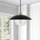 Hudson&Canal - Suspension Alvia de 37,8 cm de large avec abat-jour en métal et verre, - Noir mat/laiton/transparent-Comprend un cordon réglable de 8 pieds