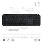 Logitech - MX Keys S Clavier sans fil - Noir-Clavier Rechargeable USB-C : Reste alimenté pendant 10 jours avec une charge complète ou jusqu'à 5 mois (rétroéclairage désactivé) (4) ; charge rapide avec le câble de chargement USB-C inclus.