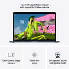 Apple - MacBook Air 15 po - M5 - 10 coeurs - 1 To SSD - Mémoire 24 Go - Minuit-Caméra Center Stage 12 MPX - Pendant vos appels vidéo, restez automatiquement au milieu de l’image avec Cadrage centré ou utilisez Vue du bureau pour partager un plan en plongée de votre espace de travail. Et profitez d’un son incroyable grâce à un réseau de trois micros et un système à six haut-parleurs avec Audio spatial et Dolby Atmos