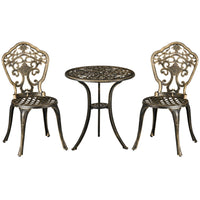 Outsunny - Ensemble bistro de jardin 3 pièces avec trou pour parasol, bronze-Ensemble trois pièces : deux chaises et une petite table pour le jardin et autres espaces extérieurs 