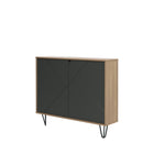 Nexera - Console de rangement 2 portes Slim, Muscade et gris charbon-D'une faible profondeur, ce meuble, sublimé par ses pieds épingles, offre un espace de rangement discret sur deux étagères intérieures derrière ses doubles portes en MDF avec finition laquée texturée à motifs géométriques