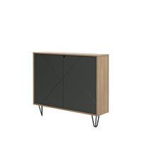 Nexera - Console de rangement 2 portes Slim, Muscade et gris charbon-D'une faible profondeur, ce meuble, sublimé par ses pieds épingles, offre un espace de rangement discret sur deux étagères intérieures derrière ses doubles portes en MDF avec finition laquée texturée à motifs géométriques
