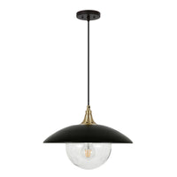 Hudson&Canal - Suspension Alvia de 37,8 cm de large avec abat-jour en métal et verre, - Noir mat/laiton/transparent-Design côtier pour votre entrée, votre foyer ou votre cuisine