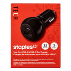 Staples - Chargeur pour l’auto USB-A/USB-C de Staples - 32 W - Noir-Chargeur universel pour l’auto à 2 ports PD (Power Delivery) de 32 W avec un port USB-C de 20 W et un port USB-A de 12 W
