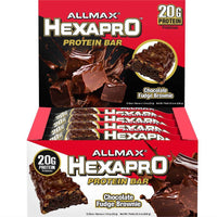 Allmax - Barres protéinées Hexparo, chocolat et brownie au fudge - Lot de 12-Barres protéinées Allamx Hexapro, plateau de brownies au fudge et au chocolat