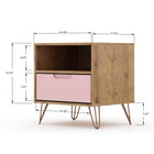 Manhattan Comfort - Rockefeller Table de Nuit 1 Tiroir Style Mid-Century Modern 51 cm - Naturel et Rose Poudré - Lot de 2-Comprend 1 étagère ouverte et 1 tiroir
