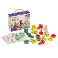Miniland - ECO Écrous et boulons - 28 pièces-Un ensemble de gros écrous et boulons, avec les trois formes géométriques de base : cercles, carrés et triangles