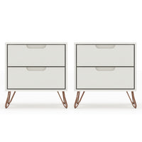 Manhattan Comfort - Rockefeller Table de Nuit 2 Tiroirs Style Mid-Century Modern 51 cm - Blanc Cassé - Lot de 2-Table de chevet 2 pièces style milieu du siècle pour chambre et salon