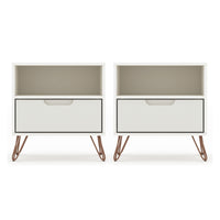 Manhattan Comfort - Rockefeller Table de Nuit 1 Tiroir Style Mid-Century Modern 51 cm - Blanc Cassé - Lot de 2-Table de chevet 2 pièces style milieu du siècle pour chambre et salon