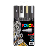 Posca - Marqueurs de peinture à base d'eau - Pointe moyenne réversible (1,8-2,5 mm) - Couleurs assorties - paquet de 4-Marqueurs de peinture à base d'eau adaptés à la plupart des projets artistiques et artisanaux sur plus de 50 surfaces, y compris le bois, le verre, le métal, le plastique, la céramique, le cuir et plus encore.
