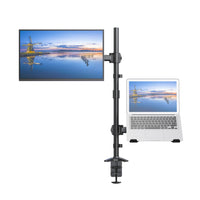 SHOPPINGALL Support extra haut pour ordinateur portable et moniteur double avec poteau de 31,5 pouces pour ordinateur portable jusqu'à 17" Moniteurs jusqu'à 32" - SA-LH07L-Noir-[COMPATIBLE AVEC PLUSIEURS APPAREILS] Convient à un moniteur de 13 à 32 pouces et à un ordinateur portable de 12 à 17 pouces, chaque bras pouvant supporter jusqu'à 17,6 livres/8 kg. Conçu pour s'adapter aux ordinateurs portables ou aux moniteurs dotés de trous de montage VESA de 75 mm x 75 mm ou de 100 mm x 100 mm.