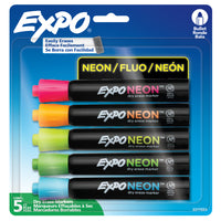 Expo® - Marqueurs de fenêtre à effacement sec, pointe arrondie, couleurs néon, paq./5-Couleurs néon vibrantes et amusantes qui conviennent aux surfaces noires et blanches à effacement sec.