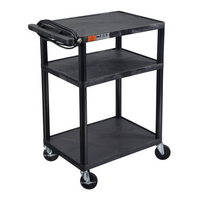 Luxor - Chariot utilitaire multimédia à trois plateaux plats de 34" H avec bloc d'alimentation Luxor ENDURA AV - 24" L x 18" P - noir-Ce chariot utilitaire multimédia comprend trois plateaux plats fabriqués à 100 % en polyéthylène haute densité recyclé, offrant des surfaces solides et écologiques