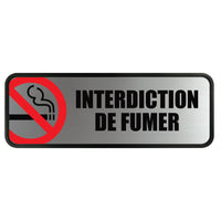 Cosco - Panneau Interdiction de fumer finition métal brossé 3 po x 9 po usage intérieur, texte français-Ce panneau Interdiction de fumer comprend un texte en français pour communiquer clairement les restrictions de tabagisme aux personnes francophones