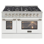 Kucht - 48 po Série KNG Cuisinière Pro Style au gaz naturel - Acier inoxydable/Blanc-Cuisinière de classe professionnelle dotée de deux brûleurs doubles de 20 000 BTU avec fonction mijotage, de deux brûleurs de 12 000 BTU, de deux brûleurs de 9 000 BTU et de deux brûleurs de 6 000 BTU