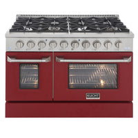 Kucht - 48 po Série KDF Cuisinière Pro Style à double combustible - Acier inoxydable/Rouge-Cuisinez et pâtissez comme un professionnel grâce à deux fours séparés avec grandes fenêtres de four : le four principal en porcelaine bleue robuste offre 4,2 pi³ de capacité, tandis que le four latéral additionnel dispose de 2,5 pi³