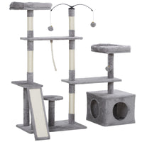 PawHut - Arbre à chat 53 po avec poteaux à griffer, condo, lits - gris clair-Le centre de jeux garde les chats divertis et actifs 