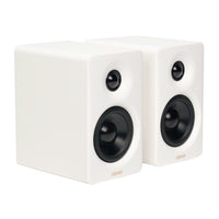 Edifier - Enceinte multimédia Bluetooth sans fil haute résolution M60 à commande tactile - Blanc-Chaque caisson en bois fabriqué à la main abrite un tweeter à dôme en soie de 1" et un haut-parleur médium-grave en aluminium à longue portée de 3". Alimentés par un amplificateur audio classe D à boucle fermée à haute efficacité, les haut-parleurs produisent un total de 66 W RMS, offrant un son puissant et clair.