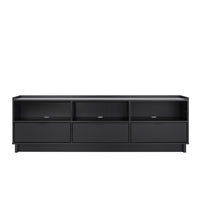 Prepac - Meuble de rangement pour téléviseur Simply Modern 70,25 po avec 3 tablettes et 3 tiroirs - Noir-Fonctionnel Et Élégant: L'armoire de rangement de chambre présente un design moderne avec des lignes épurées et des poignées de tiroir en métal, le tout dans une finition noire brillante