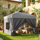 Outsunny - Tente auvent pliante 10 pi l x 10 pi L avec installation facile à 1 bouton - Gris foncé-Le toit escamotable en tissu Oxford 210D UPF50+ bloque le soleil et résiste au feu
