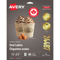 Avery - 24487 Étiquettes ovales imprimables jusqu'au bord, papier kraft, brun, 1 ½ po x 2 ½ po, paq./180-Ces étiquettes fournissent une apparence naturelle haut de gamme pour présenter votre marque, votre logo ou votre produit