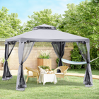 Outsunny - Pavillon de terrasse 10 pi l x 10 pi L, pavillon d’extérieur, toit à 2 niveaux, gris-Toit à deux niveaux avec moustiquaire