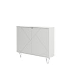 Nexera - Console de rangement 2 portes Slim, Blanc-D'une faible profondeur, ce meuble, sublimé par ses pieds épingles, offre un espace de rangement discret sur deux étagères intérieures derrière ses doubles portes en MDF avec finition laquée texturée à motifs géométriques